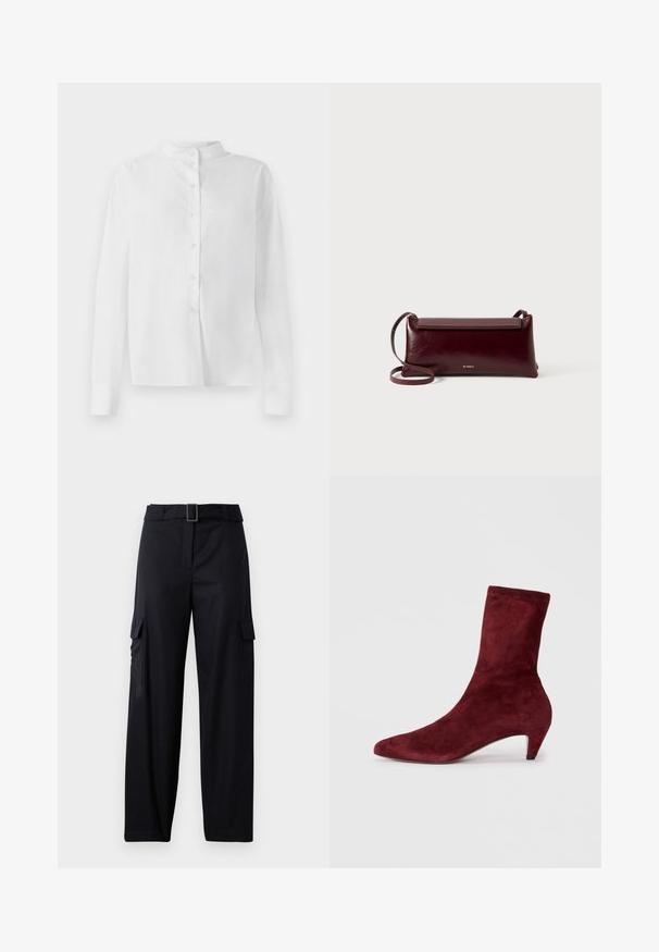 White long-sleeve button-up shirt with mandarin collar and concealed button placket, displayed on white background.; Black cargo pants with a straight-leg design, featuring two side pockets and a belt with a rectangular buckle. Smooth fabric texture.; Burgundy suede ankle boot with a pointed toe and low heel. Smooth texture and fitted design with no visible hardware or patterns.; Burgundy leather crossbody bag with a smooth texture, rectangular shape, flap closure, and a thin adjustable strap. Gold logo detail visible.