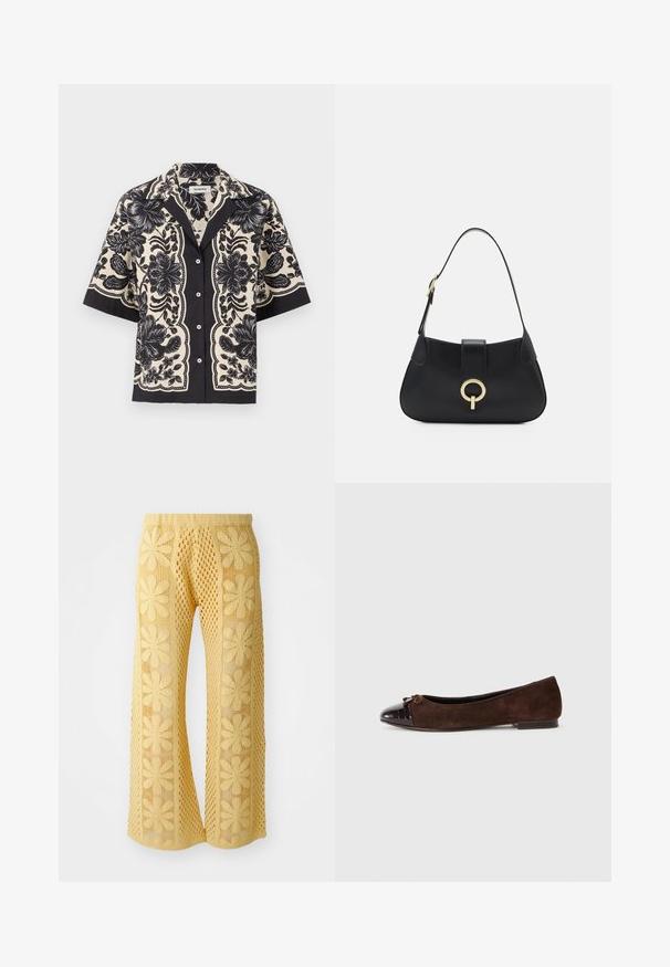 sandro CHEMISE - Košilová halenka - ecru/noir; Žluté háčkované kalhoty s květinovým vzorem, širokým střihem a elastickým pasem s texturovaným otevřeným pletením.; Hnědé semišové baleríny s lesklou tmavě hnědou lakovanou špičkou a malou mašlí na přední straně. Plochý podpatek.; Černá kožená kabelka s zakřiveným siluetou, krátkým popruhem, centrálním zlatým kováním a hladkým povrchem. Bez viditelných vzorů nebo akcentů.