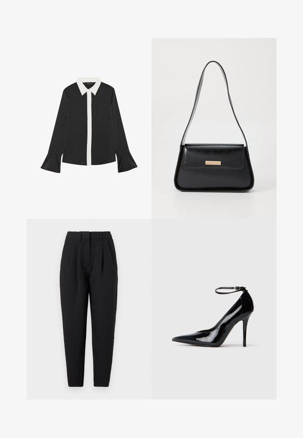 Melna krekla ar baltu priekšējo pogu rindu un apkakli. Iezīmējas ar garām piedurknēm ar izplestiem galiem. Gluda auduma ar klasisku dizainu.; Melnas bikses ar taisnu piegriezumu, ar krokām priekšā, gludu tekstūru un sānu kabatām. Jostasvieta ir standarta augstumā.; Melna lakota ādas augsta papēža kurpe ar norādītu purngalu, potītes siksniņu un gludu, spīdīgu apdari. Stileta papēdis noslēdz eleganto dizainu.; Melnas ādas rokassomiņa ar strukturētu trīsstūra formu, šauru siksnu un zelta toņu metāla detaļām, kurām ir logo plāksne priekšējā atloka.