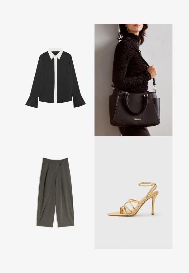 Čierna košeľa s bielou prednou légou a golierom. Má dlhé rukávy so širokými manžetami. Hladká tkanina s klasickým dizajnom.; Široké nohavice z tmavošedej látky. Majú plochý predný diel, bočné vrecká a jediné zapínanie na gombík. Hladká textúra, prispôsobený strih.; Zlaté sandále na vysokom opätku s remienkom, špicatou špičkou, metalickým povrchom, štíhlym remienkom na členku a textúrovaným opätkom. Elegantný dizajn s minimálnymi akcentmi.; Čierna kabelka s textúrovaným povrchom, dvojitými hornými rúčkami a nastaviteľným ramenným popruhom. Obsahuje zlaté kovanie a bočné vrecká.