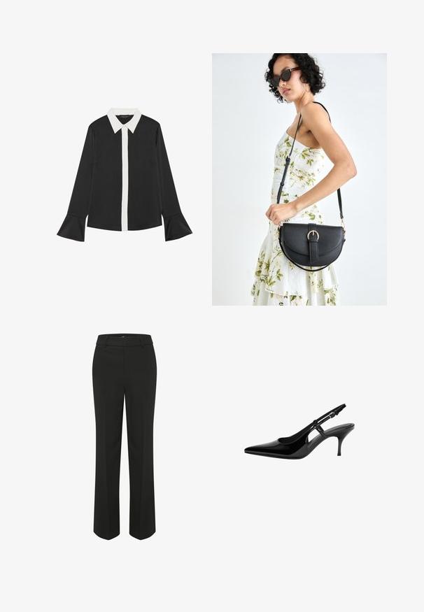 Czarna koszula z białym zapięciem na guziki z przodu i kołnierzykiem. Posiada długie rękawy z rozszerzanymi mankietami. Gładki materiał o klasycznym wzornictwie.; Czarne, szerokie spodnie o gładkiej fakturze. Posiadają dopasowany pasek w talii oraz czyste, dopasowane linie dla minimalistycznego designu.; Czarne lakierowane pantofle typu slingback z wydłużonym noskiem, otwartymi bocznymi wycięciami, smukłym obcasem i regulowanym zapięciem na kostkę.; Czarna skórzana torebka o zakrzywionym kształcie, z odpinanym paskiem i złotymi akcentami. Torebka posiada klapę z zapięciem w kształcie klamry.