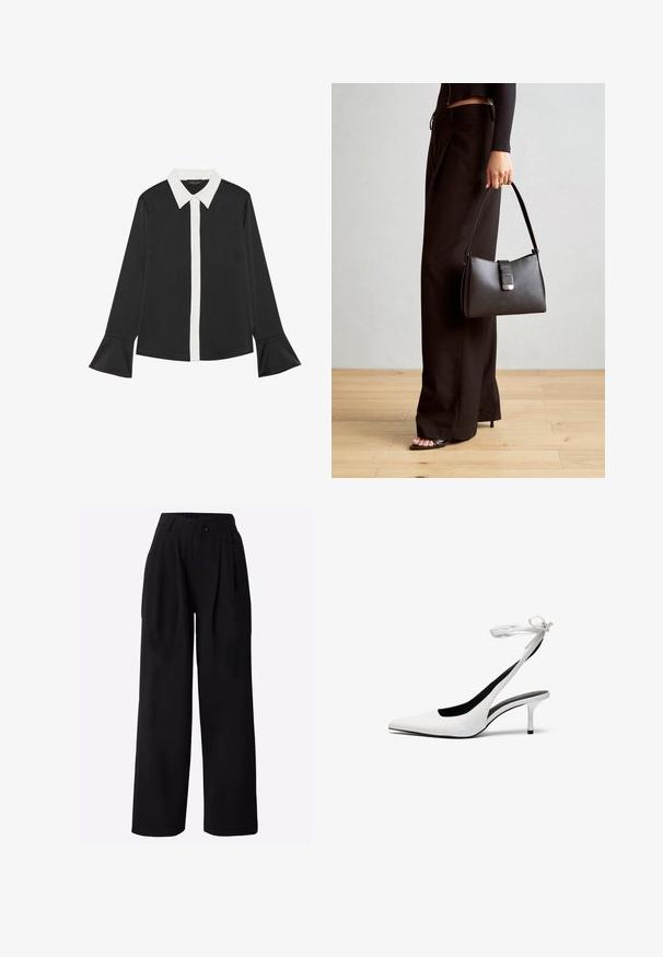 Melna krekla ar baltu priekšējo pogu rindu un apkakli. Iezīmējas ar garām piedurknēm ar izplestiem galiem. Gluda auduma ar klasisku dizainu.; Melni plataji bikses ar augstu jostas vietu, krokām un vienu pogu aizdari. Izgatavotas no gludas auduma, ar priekšējām sānu kabatām.; Baltas, ar norādītu pirkstu, ar siksniņu ap potīti. Gluda ādas virsma, plāns stiletto papēdis un melna iekšējā oderējums.; Melnā somiņa ar strukturētu formu, gludu tekstūru un metālu sprādzi. Saskaņota ar platām melnām biksēm un sandālēm ar atvērtu purngalu uz koka grīdas.