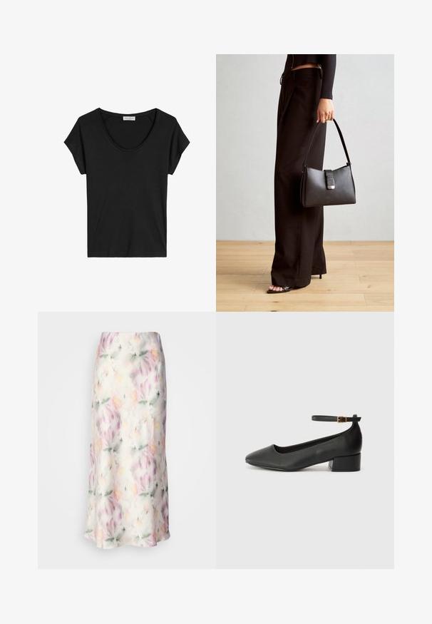 T-shirt nero a maniche corte con scollatura tonda, realizzato in un tessuto morbido e leggero con una texture liscia e senza motivi visibili.; Gonna midi floreale in tessuto leggero, con stampa ad acquerello in colori pastello, dal design fluido e una leggera lucentezza.; Pump in pelle nera con punta affusolata e tacco basso a blocco. Presenta una cinghia alla caviglia con una fibbia in tonalità oro. Texture liscia.; Borsa nera con forma strutturata, texture liscia e una chiusura metallica. Abbinata a pantaloni neri larghi e sandali open-toe su un pavimento in legno.