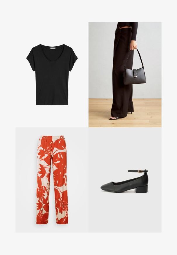 T-shirt noir à manches courtes avec un col rond, fabriqué en tissu doux et léger au toucher lisse, sans motifs visibles.; Pantalons larges à motifs floraux rouges et crème avec une taille élastique. Le tissu a une texture lisse et présente de grands motifs de feuilles et de fleurs.; Escarpin en cuir noir avec un bout pointu et un petit talon bloc. Doté d'une bride de cheville avec une boucle dorée. Texture lisse.; Sac à main noir à la forme structurée, texture lisse et fermoir métallique. Associé à un pantalon noir ample et des sandales ouvertes sur un sol en bois.