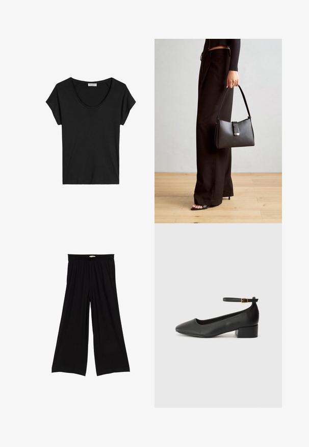 Schwarzes kurzärmliges T-Shirt mit rundem Halsausschnitt, aus weichem, leichtem Stoff mit glatter Textur und ohne sichtbare Muster.; Schwarze weit geschnittene Hose mit elastischem Bund. Der Stoff ist glatt mit einem subtilen Fall, der eine entspannte Silhouette erzeugt. Keine Muster oder Akzente.; Schwarze Lederpumps mit spitzem Zehenbereich und niedrigem Blockabsatz. Mit einem Knöchelriemen und einer goldfarbenen Schnalle. Glatte Textur.; Schwarze Handtasche mit strukturierter Form, glatter Textur und einem metallischen Verschluss. Kombiniert mit weiten schwarzen Hosen und offenen Sandalen auf einem Holzboden.