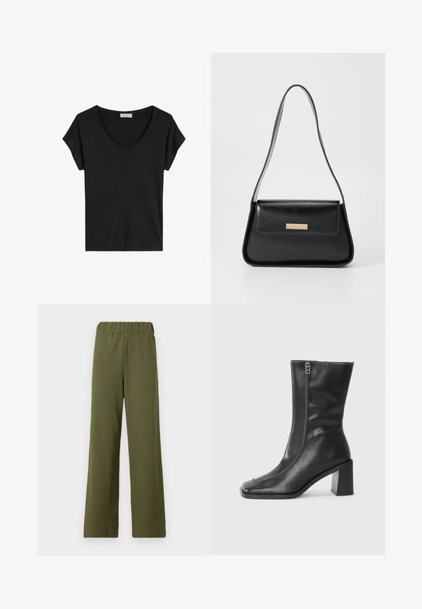 Zwarte t-shirt met korte mouwen en een ronde hals, gemaakt van zacht, lichtgewicht materiaal met een gladde textuur en zonder zichtbare patronen.; TOM TAILOR DENIM PLEATED PANTS - Broek - grape leaf green; Zwarte leren enkelboot met een vierkante neus, zijrits en chunky vierkante hak. Heeft contrasterende stiksel langs de voornaad.; Zwarte leren handtas met een gestructureerde driehoekige vorm, slanke schouderband en hardware in goudkleur met een logo plaatje op de voorflap.