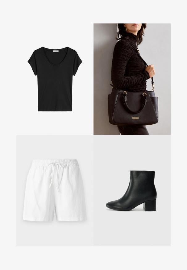 T-shirt nero a maniche corte con scollatura tonda, realizzato in un tessuto morbido e leggero con una texture liscia e senza motivi visibili.; Shorts bianchi in cotone con vita elastica, dettaglio con cordoncino e vestibilità rilassata. Tessuto morbido e design alla ginocchio.; Stivali neri in pelle fino alla caviglia con punta appuntita e tacco spesso. Texture liscia con minimi dettagli e un design elegante e aderente.; Borsa nera con superficie texturizzata, manici superiori doppi e tracolla regolabile. Dotata di hardware color oro e tasche laterali.