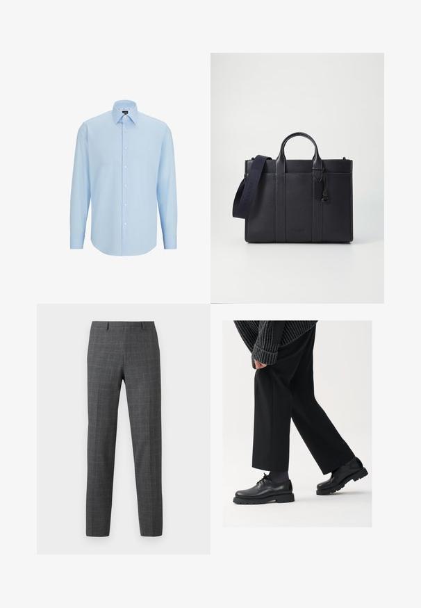 Lichtblauw overhemd met lange mouwen, gemaakt van gladde stof, met een knoopsluiting aan de voorkant, een puntkraag en een reguliere pasvorm.; Grijze geruite broeken met een getailleerde pasvorm, voorzien van een soepele textuur, rechte pijpen en subtiele stikdetails.; Zwarte leren schoenen met een afgeronde neus, vetersluiting en een dikke, getextureerde zool. Draagt een gepaste zwarte broek en een geribbelde trui.; Donkerblauwe leren aktetas met dubbele bovenhandgrepen en een afneembare schouderband. Kenmerkt zich door een gestructureerde afwerking, verticale stiksels en een logo-detail.