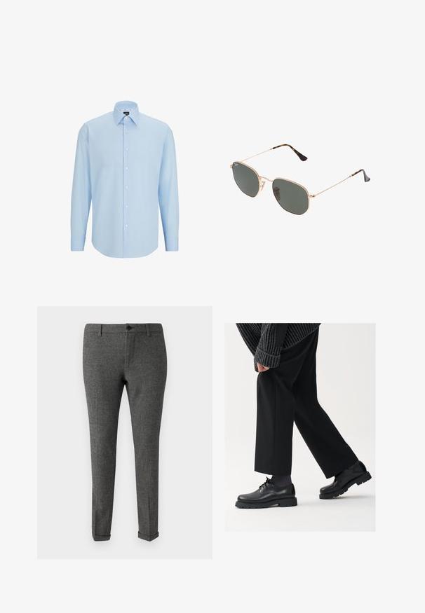 Gai zils garām piedurknēm krekliņš, izgatavots no gludas auduma, ar pogājamu priekšpusi, norādītu apkakli un regulāru piegriezumu.; Pelēki pārbaudīti bikses, izgatavotas no auduma, ar pogu aizdari, jostu cilpām un ar apmali šuvēm, lai nodrošinātu elegantu izskatu.; Melni ādas apavi ar noapaļotu purngalu, aukliņu dizainu un biezu, teksturētu zoli. Valkāti ar piegrieztām melnām biksēm un ribotu džempera.; Zelta metāla rāmis saulesbrilles ar tumši zaļiem stikliem, aviator stils, ar šaurām kājām un bruņu akcentiem uz galiem.