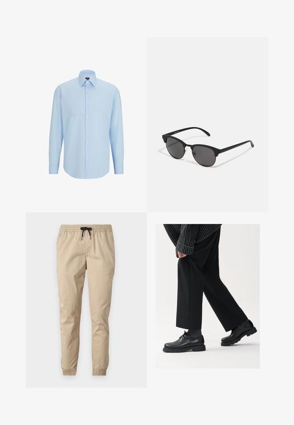 Svijetloplava košulja dugih rukava izrađena od glatkog materijala, s gumbima sprijeda, oštrim ovratnikom i redovitim krojem.; Bež hlače od laganog materijala s elastičnim pojasom i vezicom, s užim nogavicama koje imaju elastične manžete. Glatka, teksturirana tkanina.; Crne kožne cipele s okruglim nosom, dizajnom na vezivanje i debelim, teksturiranim potplatom. Nosive s krojenim crnim hlačama i rebrastim puloverom.; Crne sunčane naočale s okruglim lećama, mat završetkom i specifičnim oblikom mačjih očiju. Tanke naramenice s diskretnim brendiranjem na lijevom hramu.
