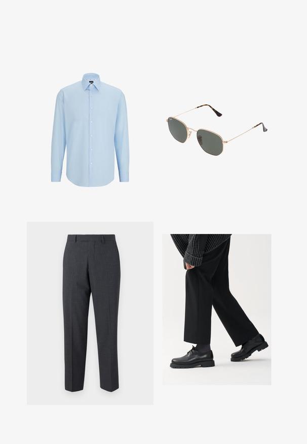 Chemise de dress bleu clair à manches longues, en tissu lisse, dotée d'une fermeture à boutons, d'un col pointu et d'une coupe classique.; Selected Homme SLHRELAXED LIAM PINSTRIPED FLEX - Pantalon classique - dark grey; Chaussures en cuir noir à bout arrondi, à lacets, avec une semelle épaisse et texturée. Portées avec un pantalon noir ajusté et un pull à côtes.; Lunettes de soleil en métal doré avec des verres vert foncé, de style aviateur, dotées de branches fines et d'accents en écaille de tortue sur les embouts.