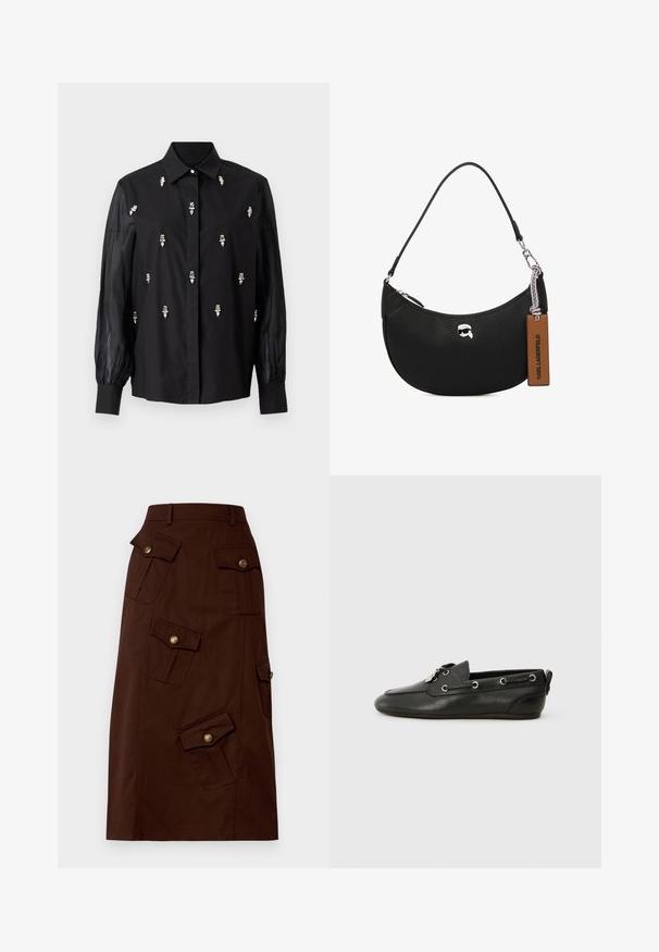 Chemise noire au design structuré, avec des manches transparentes et des accents décoratifs argentés positionnés verticalement sur le devant.; Jupe marron jusqu'aux genoux en coton avec plusieurs poches à rabat dotées de boutons dorés et une taille ajustée. Texture lisse.; Chaussures bateau en cuir noir avec bout arrondi, devant à lacets, oeillets en métal et semelle plate. Elles sont dotées d'une petite languette à l'arrière.; Sac à main en cuir noir avec une texture grainée, forme arrondie, fermeture à glissière sur le dessus, quincaillerie en argent et une étiquette marron. Présente un accent de logo.