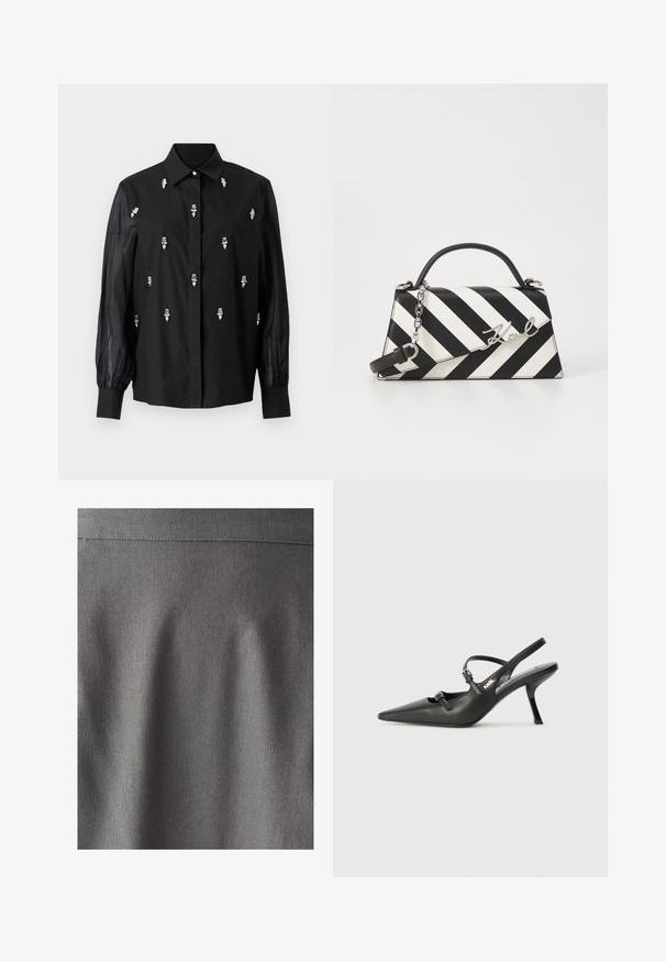 Melnā krekla ar strukturētu dizainu, caurspīdīgām piedurknēm un sudraba dekoratīviem akcentiem, kas novietoti vertikāli pa priekšpusi.; Pelēks audums ar gludu, viendabīgu tekstūru. Smalks spīdums akcentē tīras līnijas un krokas, norādot uz strukturētu dizainu. Nav redzamu rakstu vai apdrukas.; Melnas ādas slingback papēži ar norādītu purngalu, izsmalcinātu papēdi un dekoratīvu sprādzi uz priekšpuses. Gluda tekstūra un elegants dizains.; Melnām un baltām svītrām rotāta rokassoma ar strukturētu formu, ar augšējo rokturi, noņemamu ķēdes siksnu un metāla logotipa akcentu.