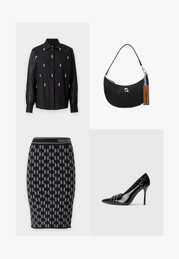 Fekete póló, strukturált kialakítással, áttetsző ujjak és ezüst díszítőelemek elhelyezve függőlegesen az elülső részen.; Fekete kötött ceruzaszoknya, amelyen szürke "KL" logó mintázat ismétlődik, fekete derékpánttal, rajta a "KARL LAGERFELD" márkanevével.; Fekete patentbőr stiletto sarkú cipő hegyes orral, három díszítő pánttal, rajta tüskékkel, és a sarkán "Karl Lagerfeld" felirattal.; Fekete bőrtáska, melynek felülete szemcsés, ívelt formájú, felül zippzárral záródik, ezüst színű fémrészletekkel és barna cimkével rendelkezik. Jellemzője a logós díszítés.