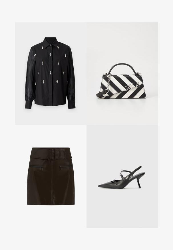 Musta paita, jossa on jäsennelty muotoilu, läpikuultavat hihnat ja hopeiset koristeelliset yksityiskohdat sijoitettu pystyyn etuosassa.; Ruskea tekonahkainen mini-hame, jossa on leveä vyötärö, neliön muotoinen solki ja kaksi vetoketjullista sivutaskua. Sujuva, kiiltävä pinta.; Mustat nahkaiset slingback-korkokengät, joissa on terävä kärki, hoikka korko ja koristeellinen solkityyny varpailla. Tasainen pinta ja tyylikäs muotoilu.; Mustikkamustavalkoinen raita käsilaukku, jossa on jämäkkä muoto, ylhäällä oleva kahva, irrotettava ketjuhihna ja metallinen logoelementti.