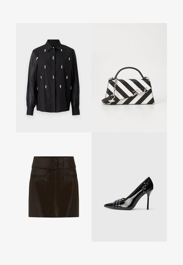 Čierna košeľa s rímskou konštrukciou, so priesvitnými rukávmi a striebornými dekoratívnymi akcentmi umiestnenými vertikálne cez prednú časť.; Hnedá mini sukňa z imitácie kože s širokým pásom, štvorcovou prackou a dvoma zipsovými bočnými vreckami. Hladká, lesklá textúra.; Čierne lakované lodičky na ihlovom opätku so špicatou špičkou, tromi dekoratívnymi pruhmi s cvočkami a značkou "Karl Lagerfeld" na opätku.; Čierno-bielo pruhovaná kabelka so štruktúrovaným tvarom, obsahujúca hornú rúčku, odnímateľný reťazový popruh a kovový logo akcent.
