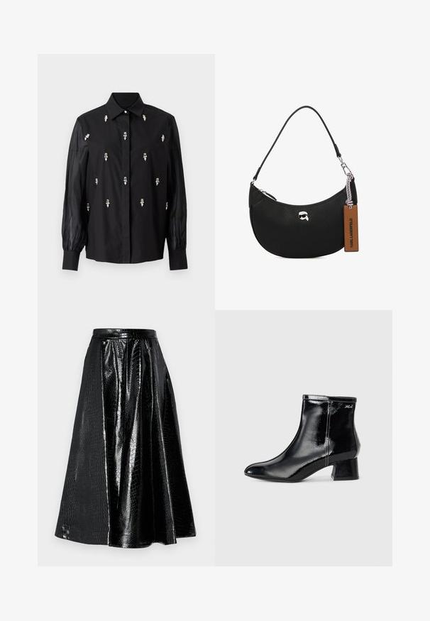 Juoda marškiniai su struktūrizuotu dizainu, permatomomis rankovėmis ir sidabro dekoratyviniais akcentais, išdėstytais vertikaliai ant priekio.; Juoda dirbtinė odinė sijonas su kroko reljefu, turintis išskirtinį dizainą su klostėmis, baigtas lygiu juosmeniu.; KARL LAGERFELD BONNIE - Klasikiniai aulinukai - black; Juodas odinis rankinės su grublėta tekstūra, išlinkusia forma, viršutiniu užtrauktuku, sidabrinėmis detalėmis ir rudąja etiketė. Pabrėžtas logotipo akcentas.