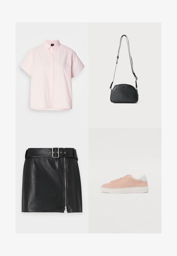Svetloružová krátkozrná košeľa na gombíky vyrobená z bavlny. Má klasický golier, predné gombíky a zakrivený lem. Hladká textúra.; Čierna mini sukňa z umelého kože so širokým opaskom, striebornou prackou a bočným zipsom. Má textúrovaný povrch a rovný strih.; Svetloružové semišové tenisky s bielou gumovou podrážkou, zaoblenou špičkou a bielym akcentom na päte. Obsahujú ploché šnúrky a minimálne logo na boku.; Čierna kožená crossbody taška s okrúhlym tvarom, dvoma nastaviteľnými popruhmi a decentným logom vpredu. Textúrovaný exteriér, minimalistický dizajn.