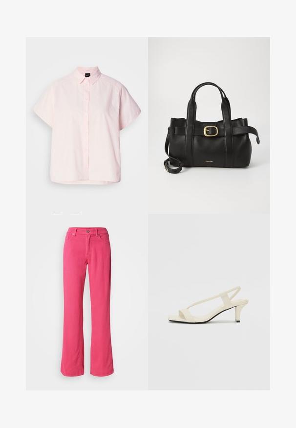 Heledad roosa lühikese varrukaga nööbiga särk, mis on valmistatud puuvillast. Särgil on klassikaline krae, esimesed nööbid ja kõver hem. Sile tekstuur.; Roosa laiad püksid, mis on valmistatud puuvillast, esipaneelil nupuga, tõmbluku ja klassikalise viie tasku disainiga. Sile tekstuur ja regulaarne sobivus.; Beez blok-kandadesed õhukeste rihmadega ja ruudukujulise varbaga. Sile materjal minimaalsete detailidega, kujundatud mugavaks kandmiseks.; Must mustraga nahkakott, millel on struktureeritud disain, kaks ülemist kanda, kuldse tooni pandla aktsent ja esiküljel embosseeritud brändi logo.