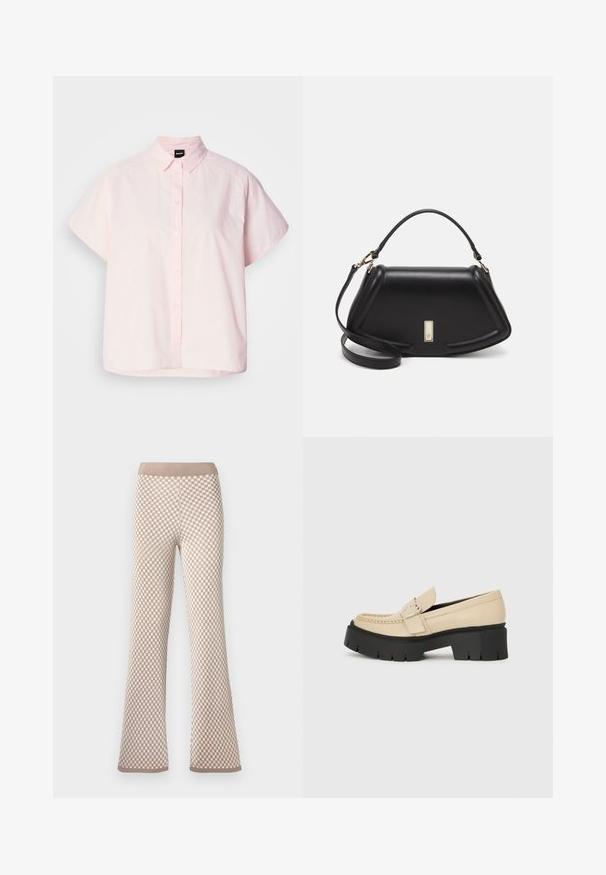 Light pink short-sleeve button-up shirt made of cotton. Features a classic collar, front buttons, and a curved hem. Smooth texture.; Beige and white checkered knit pants with elastic waistband and slight flare at the ankles on white background.; Beige leather loafers with black chunky sole, featuring a decorative buckle and stitching detail on the front. Side view.; Black leather handbag with a structured design, featuring a cropped shape, top handle, and gold hardware accent. Adjustable shoulder strap included.