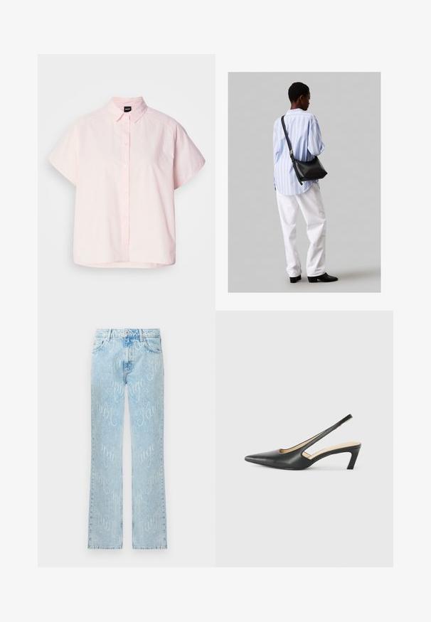 Ανοιχτό ροζ κοντομάνικο πουκάμισο με κουμπιά, κατασκευασμένο από βαμβάκι. Διαθέτει κλασικό γιακά, μπροστινά κουμπιά και καμπυλωτό στρίφωμα. Λείο υλικό.; Ανοιχτό μπλε τζιν παντελόνι με ίσια γραμμή, που διαθέτει επαναλαμβανόμενο λευκό σχέδιο γραφής. Τυπικές τσέπες και κλασικός σχεδιασμός μέσης.; Μαύρο παπούτσι slingback με αιχμηρή μύτη και χαμηλό τακούνι, κατασκευασμένο από λείο δέρμα με σχέδιο κοπής στη πλευρά για αερισμό.; Μαύρη δερμάτινη τσάντα ώμου με απαλή υφή, τριγωνικό σχήμα και ρυθμιζόμενο λουρί, συνδυασμένη με ένα ανοιχτό μπλε ριγέ πουκάμισο και λευκό παντελόνι.