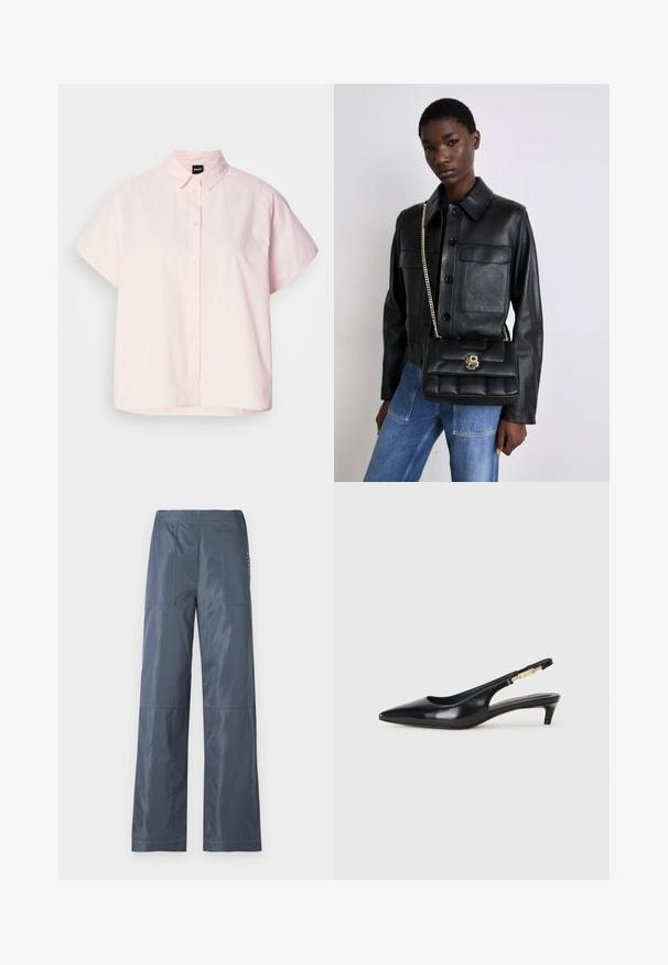 Svetloružová krátkozrná košeľa na gombíky vyrobená z bavlny. Má klasický golier, predné gombíky a zakrivený lem. Hladká textúra.; Široké nohavice v tmavo šedej farbe, vyrobené z hladkej tkaniny. Obsahujú dve predné vrecká a šité detaily pozdĺž švov.; Čierne kožené slingback opätky s špicatou špičkou, s úzkym opätkom a zlatým detailom na nastaviteľnom remienku. Hladká textúra.; Čierna kožená bunda so zapínaním na gombík a dvoma prednými vreckami, skombinovaná s čiernou prešívanou kabelkou so zlatou sponou a reťazovým popruhom.