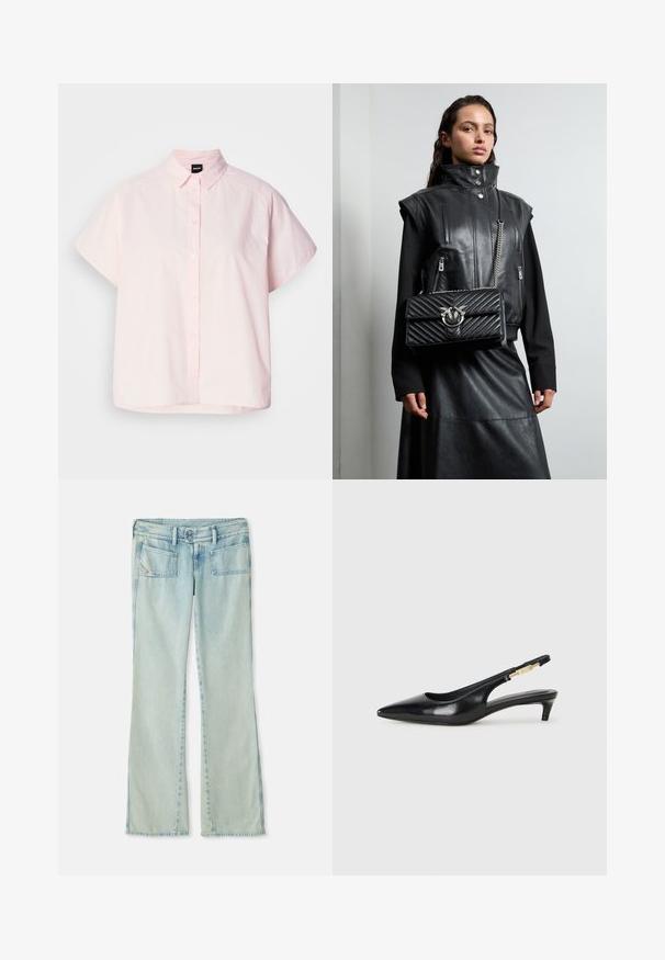 Chemise à manches courtes et boutonnée de couleur rose clair en coton. Elle présente un col classique, des boutons à l'avant et un ourlet incurvé. Texture lisse.; Jean bleu clair en denim, avec une coupe droite, deux poches avant et deux poches arrière. Texture décolorée sur l'ensemble.; Talons hauts en cuir noir avec un bout pointu, dotés d'un talon fin et d'un accent en ton or sur la lanière réglable. Texture lisse.; Gilet en cuir noir avec col haut, poches zippées, et un sac à main noir matelassé avec un accent en métal argenté, porté avec une longue jupe noire.