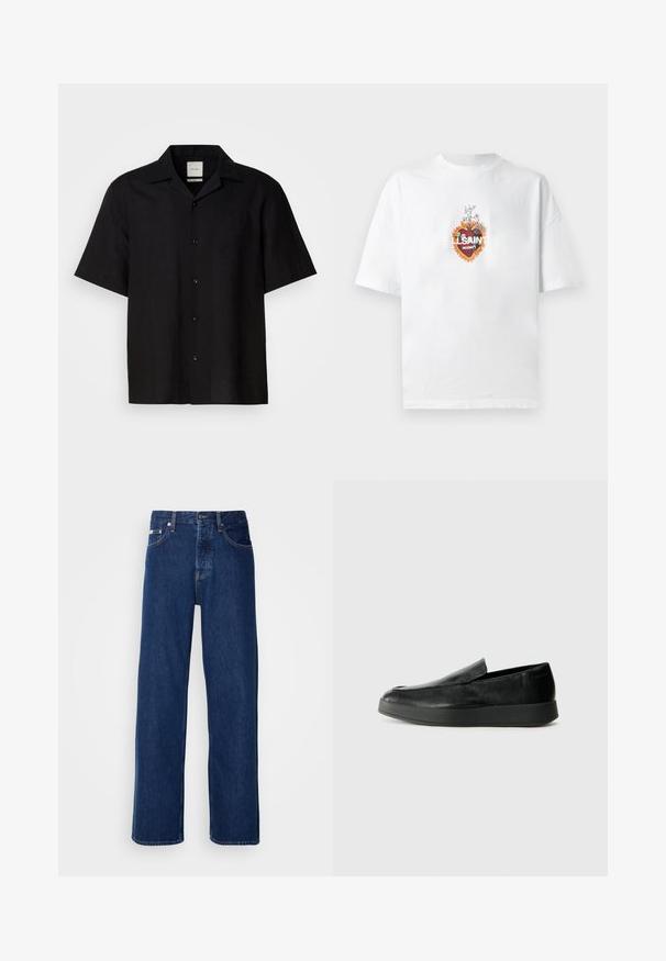 Mustalla lyhyellä hihalla oleva paita, joka on valmistettu pellavakankaasta. Paidassa on nappi-halkio etupäässä, terävä kaulus ja sileä pinta. Ei näkyviä kuvioita tai yksityiskohtia.; Valkoinen puuvillainen t-paita, jossa keskellä graafinen kukka-aiheinen kuvio, sydämen muoto ja teksti "LSAINT N°01" vahvoin värein.; Siniset farkut, joissa on leveä lahjeratkaisu, varustettuna nappikiinnityksellä ja klassisella viiden taskun tyylillä. Kangas on sileää.; Calvin Klein HYBRID CUP - Loaferit/pistokkaat - triple black