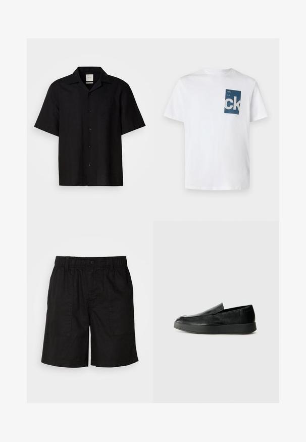 Black short-sleeve shirt made of linen fabric, featuring a button front, pointed collar, and smooth texture. No prominent patterns or accents.; White cotton t-shirt featuring a blue rectangular pocket with white "ck" logo and text details. Short sleeves, crew neckline, regular fit.; Black shorts with an elastic waistband and a button closure. Features two large side pockets with a textured fabric. Casual design.; Calvin Klein HYBRID CUP - Slip-ons - triple black