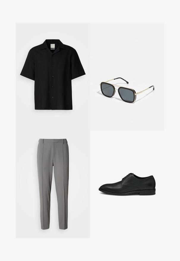 Cămașă neagră cu mânecă scurtă, confecționată din țesătură de in, cu închidere frontala cu nasturi, guler ascuțit și textură netedă. Fără modele sau accente proeminente.; Calvin Klein PULL ON - Pantaloni - pewter; Pantofii din piele neagră pentru bărbați au un finisaj neted, vârf rotund și un design cu cinci gauri pentru șireturi, evidențiat prin accente fine de cusătură.; Ochelari de soare negri și aurii cu formă pătrată, cadru metalic, lentile gri închise și vârful tentelor negre. Prezintă un design cu pod dublu.