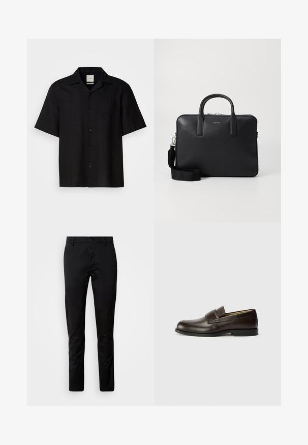 Mustra musta lühikeste varrukatega särk, mis on valmistatud linase riide materjalist, esiosas nupud, terav krae ja sile tekstuur. Pole silmapaistvaid mustreid ega aktsente.; Mustad mustriga püksid, mis on valmistatud siledast kangast. Omab vööd nupuga ja sirge lõikega sääri.; Calvin Klein Jalga libistatavad jalanõud - cocoa brown; Musta nahast portfell, millel on tekstuuriga viimistlus, kahekordsed käepidemed, eemaldatav õlarihm ja esipaneelile logo detail. Lukuga sulgemine.
