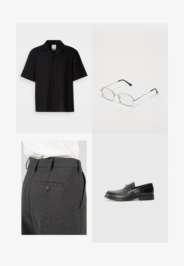 Schwarzes Kurzarmhemd aus Leinen, mit Knopfleiste, spitzem Kragen und glatter Textur. Keine auffälligen Muster oder Akzente.; Graue Wollhosen mit strukturierter Oberfläche, ausgestattet mit einer einzelnen Gesäßtasche mit einem braunen Knopf und Gürtelschlaufen am Bund.; Schwarze Lederloafers mit runder Zehenform, ausgestattet mit einem gesteppten Design, einem kleinen Frontriemen mit Hardware-Details und einer flachen Gummisohle.; Metallbrille mit ovalem Rahmen, silbernen Fassungen und klaren Gläsern. Schmale, gerade Bügel mit schwarzen Enden, minimalistisches Design.