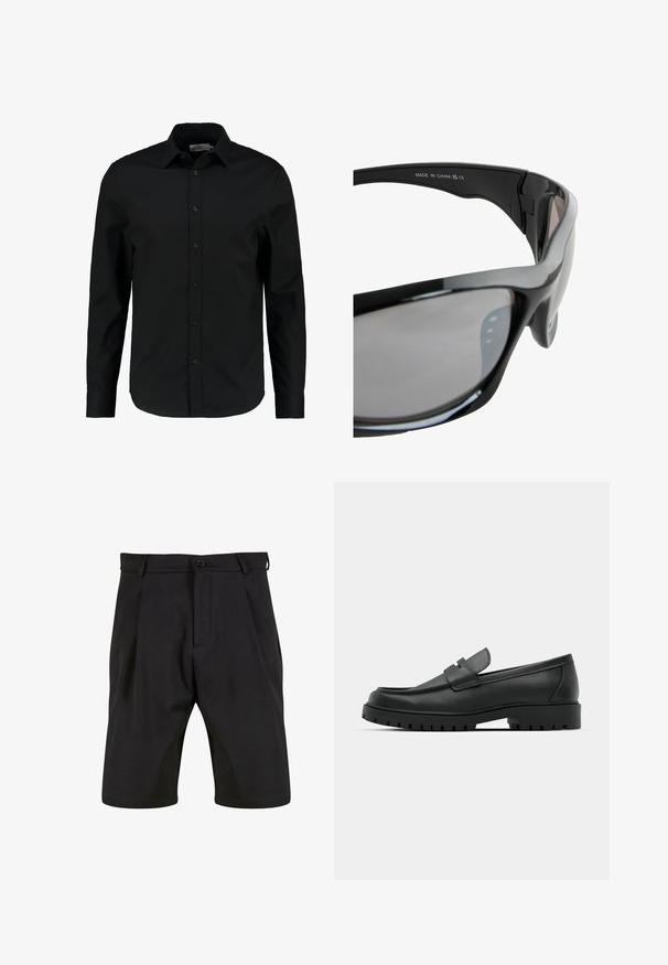 Černá košile s dlouhými rukávy vyrobená z hladké látky, má zapínání na knoflíky v přední části, špičatý límec a upravený střih s zakřiveným lemem.; Černé šortky z hladkého materiálu s přizpůsobeným střihem, s předním zapínáním na knoflík, záhyby a bočními kapsami.; Černé kožené mokasíny s kulatou špičkou, zdobené prošitím, s nízkou platformou a texturovanou gumovou podrážkou s drážkováním.; Černé sluneční brýle s elegantním, obepínajícím designem a šedými skly. Mají hladký plastový rám a jemné detaily na spáncích.; Černá kožená kravata s hladkým povrchem, se špičatým koncem a jemným embosovaným detailem blízko úzkého konce.