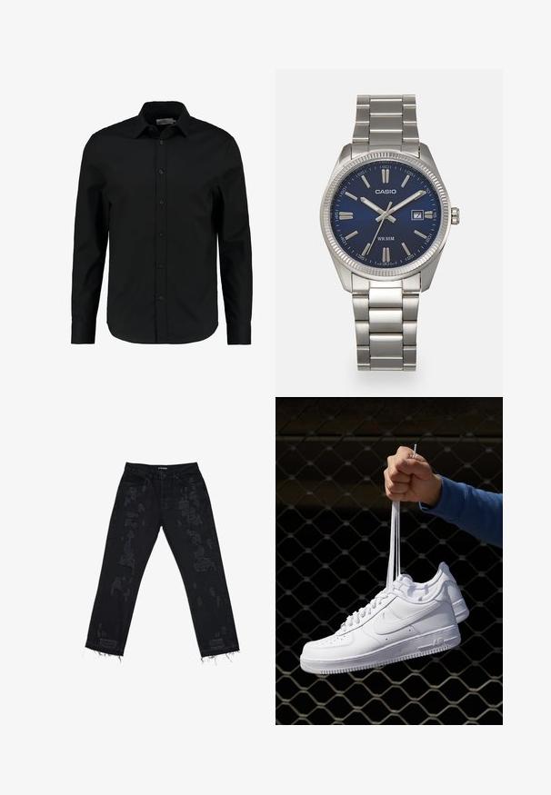Svart langermet skjorte laget av glatt stoff, med knappestolpe foran, spiss krage og en skreddersydd passform med buet kant.; Sorte denim jeans med slitte lommer, løs passform, frayed hem og standard fem-lomme-design. Stoffet virker slitesterkt og teksturert.; Hvite skinnsneakers med perforeringer, rund tå, flat såle og tykke lisser, med en synlig swoosh-logo og "AIR" på hælen.; Sølv rustfritt stål armbåndsur med en marineblå urskive, metalliske timemarkører og et datovindu ved 3-tiden. Vanntett opptil 50 meter.