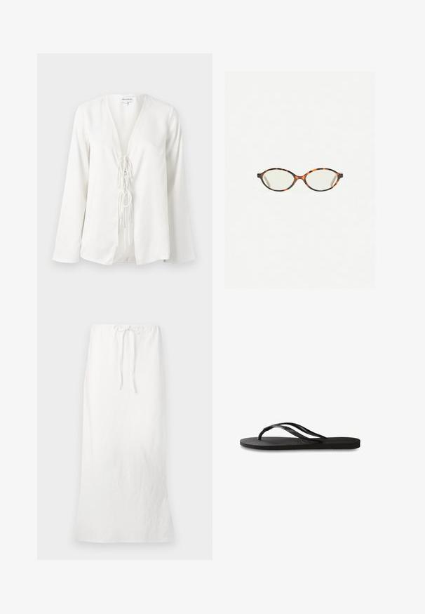 Bela bluzica z globokim V-izrezom, dolgimi rokavi in podrobnostjo na vozlu spredaj. Narejena je iz gladkega, lahkega materiala z ohlapnim krojem.; Bela lanena maksi krila z elastika v pasu in s potegalko. Gladka tekstura, ravna silhueta in dolžina do kolen.; Črne natikače z teksturirano gumijasto podlogo, dvema ozkima trakoma in subtilnim, vtisnjenim logom na traku.; Kornjačaste očala z ovalnimi lečami in gladko, sijočo površino. Imajo tanke stranice z rahlim ovinkom na templjih. Prosojne leče.