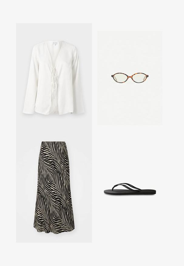 Hvid bluse med dyb V-udskæring, lange ærmer og en frontknude detalje. Fremstillet af et glat, let materiale med en afslappet pasform.; Mellemlang nederdel lavet af glat stof med et sort og beige bølget stribemønster, der svajer blidt fra taljen til sømmen.; Sorte flip-flop med en tekstureret gummisål, to slanke stropper og et subtilt, præget logodetalje på stroppen.; Skildpaddebriller med ovale linser og en elegant, glat finish. Har tynde sider med en subtil kurve ved tindingerne. Klare linser.