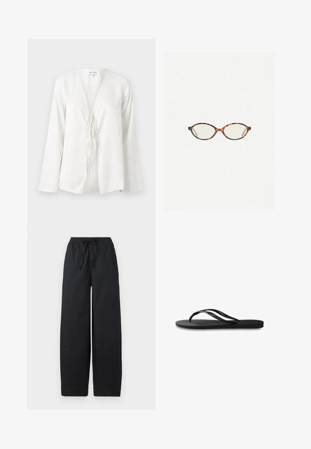 Bílá blůza s hlubokým výstřihem do V, dlouhými rukávy a detailem vázání vpředu. Vyrobena z hladké, lehké tkaniny s volným střihem.; Černé široké kalhoty vyrobené z měkké tkaniny, s elastickým pasem a šňůrkou, bez viditelných vzorů nebo akcentů.; Černé žabky s texturovanou gumovou podrážkou, dvěma štíhlými popruhy a jemným, embosovaným logem na popruhu.; Želvovinové brýle s oválnými čočkami a hladkým, jemným povrchem. Má tenké bočnice s jemným zakřivením v chrámcích. Čiré čočky.