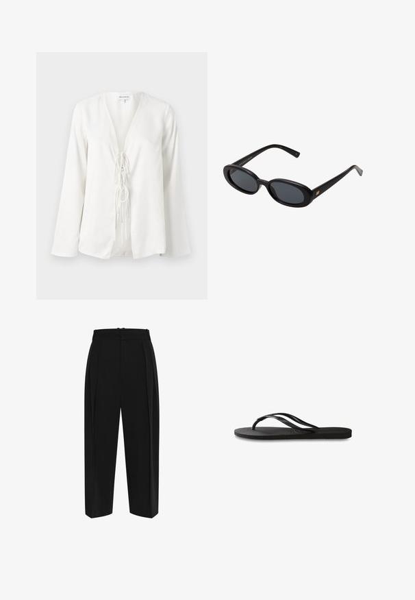 Fehér blúz mély V-nyakkal, hosszú ujjakkal és elöl megkötős részlettel. Simább, könnyű anyagból készült, laza szabással.; Fekete nadrág magas derékkal, plissézett elejével és egyenes lábujjakkal. Simább anyagból készült, tiszta kivitelben, látható hardver nélkül.; Fekete papucs texturált gumitalppal, két vékony pánttal és finom, domború logóval a pánton.; Fekete, oversize napszemüveg ovális lencsékkel, sima műanyag kerettel és arany részletekkel a fülpánton. Sötét lencséi védelmet nyújtanak a napfény ellen.