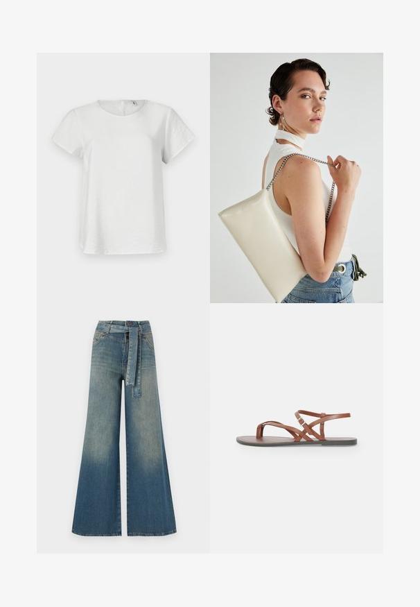 White short-sleeve t-shirt with a round neck, featuring a textured fabric and a keyhole back closure. Simple and minimalist design.; Wide-leg denim trousers featuring a light to dark blue gradient, high waist, belt loops, and a matching fabric belt. Textured denim finish.; Brown leather flat sandals with crisscross straps, open toe design, and a buckled ankle strap. Smooth texture and minimalist style.; White rectangular clutch bag made of glossy material, featuring a silver chain strap. Model poses, showcasing the bag against a plain background.