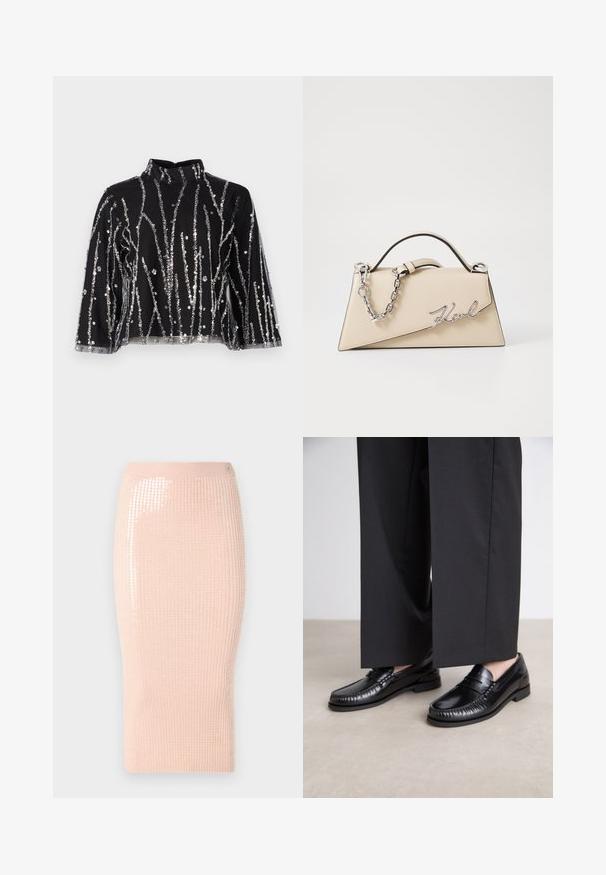 Musta lyhyt toppi korkealla kauluksella, jossa on hopeanvärisiä paljetteja vaakasuorina, läpinäkyvät hihat ja teksturoitu materiaali.; Neulottu midi-hame pehmeän vaaleanpunaisena, jossa on pystysuoraa ribbikuvioita ja paljetteja yhdellä sivulla. Hameessa on tiukka siluetti ja joustava kangas.; Mustat nahka loaferit, joissa on sileä pinta, tikattu yksityiskohta varpaiden ympärillä ja matala kumipohja. Yhdistetty leveiden mustien housujen kanssa.; Käsveska av beige läder med en strukturerad, triangulär form, utformad med ett handtag av silverkedja och en kursiv logotyp i metall.