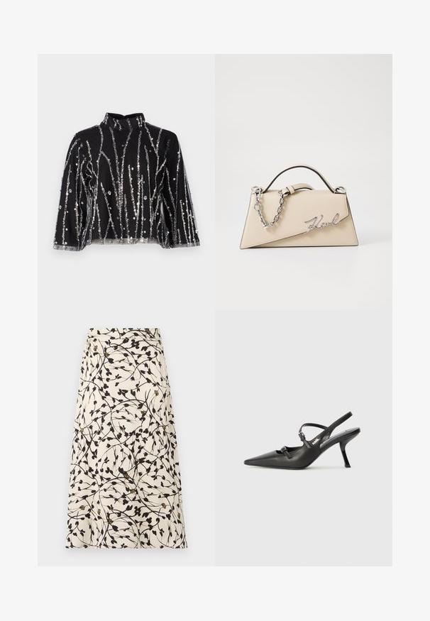 Haut court noir à col montant, présentant des lignes verticales en sequins argentés, des manches transparentes et un tissu texturé.; Une jupe beige avec un motif floral noir et des branches fines. Le design présente de petites feuilles et des accents dorés occasionnels.; Talons slingback en cuir noir avec un bout pointu, un talon fin et un détail de boucle décorative sur le vamp. Texture lisse et design épuré.; Sac à main en cuir beige avec une forme triangulaire structurée, doté d'une anse en chaîne argentée et d'un logo en cursive en métal.