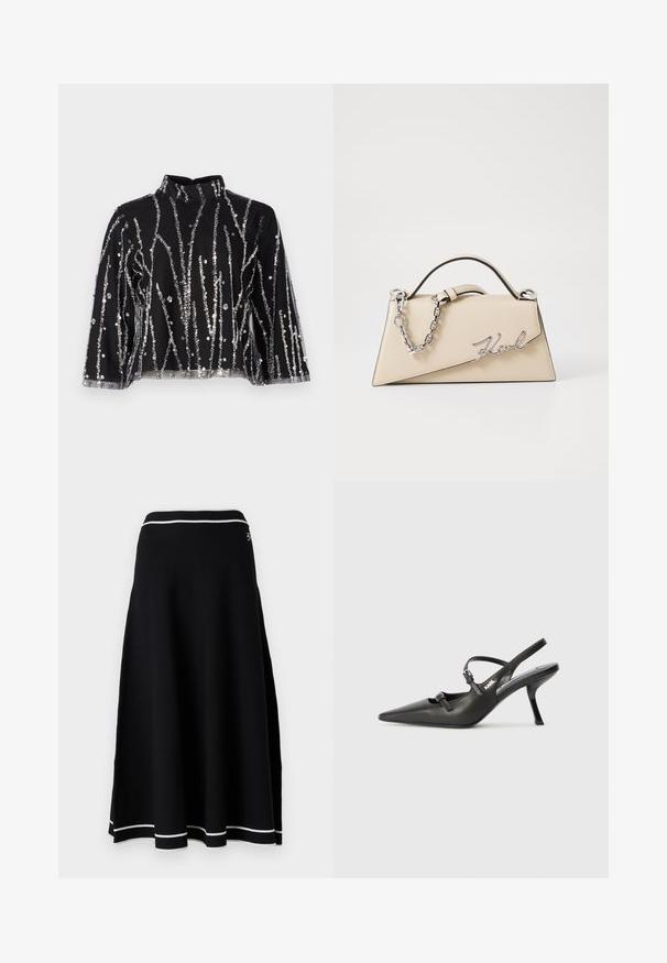 Fekete, cropped fazonú felső magas nyakkal, ezüstszínű flitteres függőleges csíkokkal, áttetsző ujjakkal és texturált anyaggal.; Fekete kötött szoknya, amelynek bővülő sziluettje van, fehér bordás derékpánttal és fehér díszcsíkkal az alján. Sima textúra.; Fekete bőrszíjjal ellátott magassarkú cipő, hegyes orral, karcsú sarkával és díszes csattal a vamp részén. Simás textúra és elegáns dizájn.; Beige bőrtáska, struktúrált, háromszögletű formával, ezüst lánc fogantyúval és fém, írott logóval.
