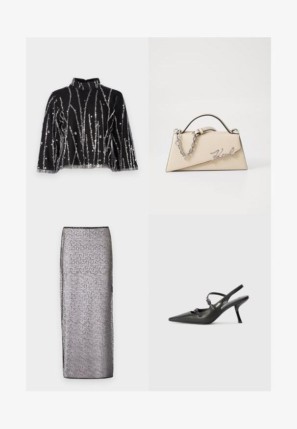 Melna īsā topiņa ar augstu kaklu, kurai ir sudraba mirdzošas vertikālas svītras, caurspīdīgas piedurknes un teksturēta auduma.; Garšs, pieguļošs svārku dizains no caurspīdīga sudrabaina auduma ar smalku rakstu un mirdzošiem akcentiem. Iezīmējas ar melnu jostu un malu.; Melnas ādas slingback papēži ar norādītu purngalu, izsmalcinātu papēdi un dekoratīvu sprādzi uz priekšpuses. Gluda tekstūra un elegants dizains.; Bežs ādas roku soma ar strukturētu, trīsstūrveida formu, piedāvā sudraba ķēdes rokturi un kursīva metāla logotipu.