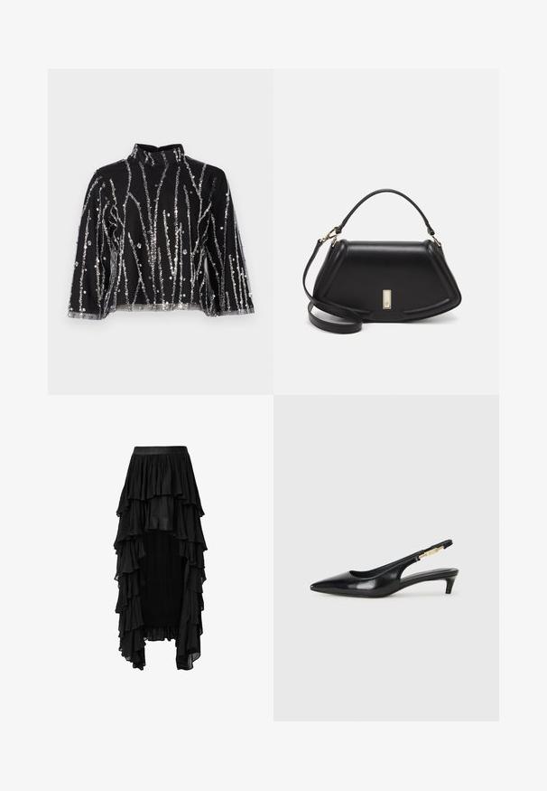 Top corto nero con collo alto, caratterizzato da linee verticali in paillettes argentate, maniche trasparenti e tessuto testurizzato.; Gonna maxi nera a strati con design volant, realizzata in tessuto leggero, caratterizzata da una vita ampia e un orlo asimmetrico.; Tacchi slingback in pelle nera con punta affusolata, caratterizzati da un tacco alto e un accento dorato sulla cinghia regolabile. Texture liscia.; Borsa a mano in pelle nera con un design strutturato, caratterizzata da una forma corta, manico superiore e accessori in metallo dorato. Inclusa tracolla regolabile.