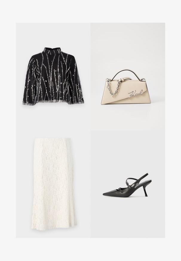 Svart topp med høy hals, prydet med sølvfargede paljetter i vertikale linjer, gjennomsiktige ermer og teksturert stoff.; Blonde midi-skjørt i krem, med et intrikat blomstermønster, tettsittende liv og utsvingt kant. Lett, strukturert stoff med en svak glans.; Sorte skinn slingback-hæler med spiss tå, slank hæl og dekorativ spenne detalj på vampsiden. Glatt tekstur og stilrent design.; Beige lærveske med en strukturert, trekantet form, som har et sølvfarget kjedehåndtak og en skrifttype-logo i metall.