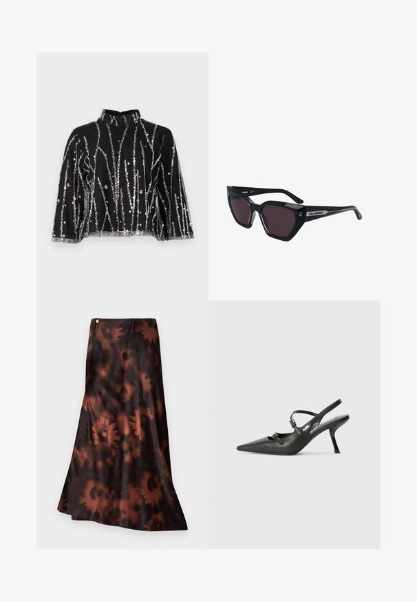 Zwart cropped top met hoge hals, voorzien van zilveren pailletten in verticale lijnen, doorschijnende mouwen en gestructureerde stof.; Lange rok in een vloeiende ontwerp, met een donkerbruine basis en een bloemenpatroon in rijke roesttinten en een soepele, glanzende textuur.; Zwarte leren slingback hakken met een spitse neus, slanke hak en decoratieve gespdetails op de bovenkant. Gladde textuur en een strakke uitstraling.; Zwarte zonnebril met een kattenoogontwerp, voorzien van donkere lenzen, een glanzende afwerking en subtiele logo-accenten op de pootjes.