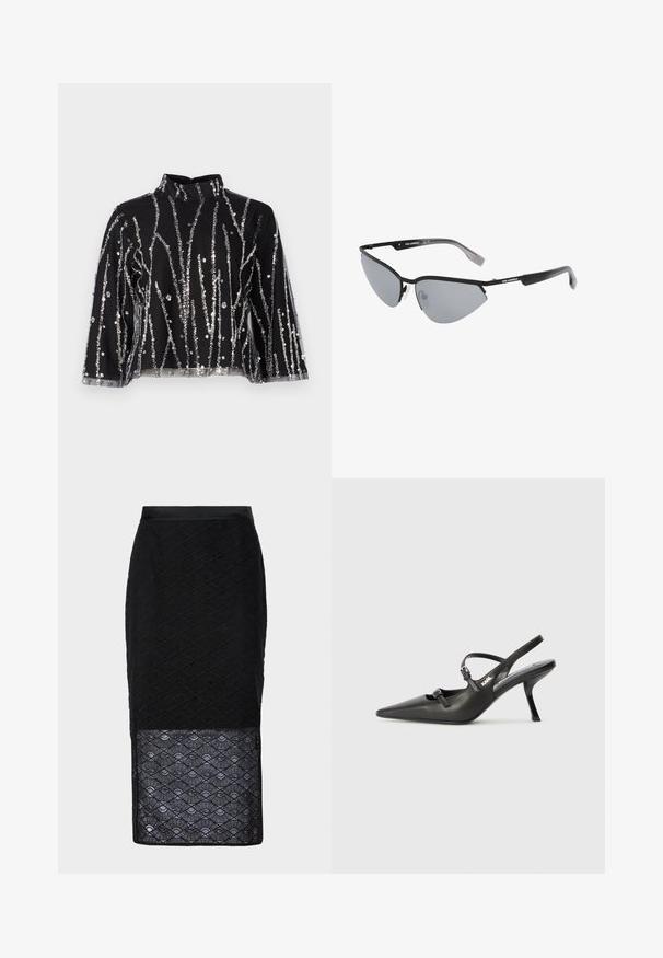 Top preto cropped com gola alta, apresentando linhas verticais de lantejoulas prateadas, mangas transparentes e tecido texturizado.; Saia lápis em renda preta com um padrão de diamante texturizado, apresentando uma seção inferior translúcida. A cintura é de um preto sólido.; Sapatos de salto alto em couro preto, tipo slingback, com bico pontiagudo, salto esguio e detalhe decorativo em fivela no peito do pé. Textura suave e design elegante.; Óculos de sol pretos com um design angular de gato. Lentes espelhadas prateadas. Armações de plástico finas e leves com uma marcação discreta nas hastes.; Bolsa de mão às riscas pretas e brancas com um formato estruturado, apresentando uma alça superior, uma alça de corrente destacável e um detalhe em logotipo metálico.