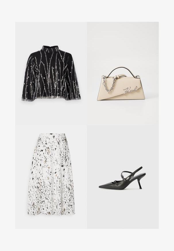 Schwarzes crop-top mit hohem Kragen, das mit silbernen, glitzernden, vertikalen Linien, durchsichtigen Ärmeln und strukturiertem Stoff versehen ist.; Weißer Rock mit einem Spritzmuster in Schwarz und Beige, knielang, mit einer glatten Textur und einer ausgestellten Silhouette.; Schwarzlederne Slingback-Absätze mit spitzer Zehenform, schlankem Absatz und dekorativem Schnallendetail auf dem Blatt. Glatte Textur und elegantes Design.; Beige Leder-Handtasche mit einer strukturierten, dreieckigen Form, ausgestattet mit einem silbernen Kettenhenkel und einem geschwungenen Logo aus Metall.