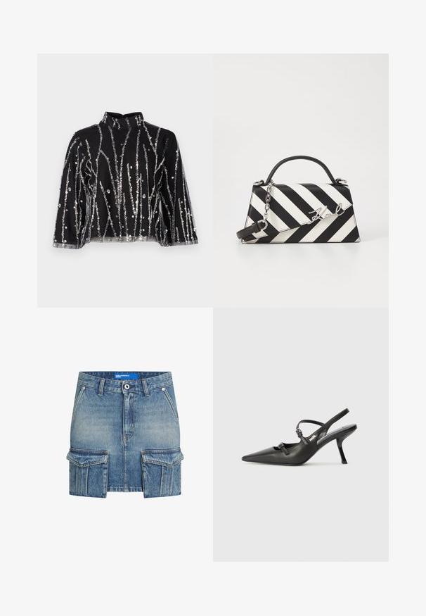 Top corto negro de cuello alto, con líneas verticales de lentejuelas plateadas, mangas transparentes y tejido texturizado.; Minifalda de denim en azul claro con un aspecto desgastado. Cuenta con dos grandes bolsillos frontales y un cierre de botón en la parte delantera. Lavable a máquina.; Tacones slingback de cuero negro con punta afilada, tacón delgado y detalle decorativo de hebilla en la parte superior. Textura suave y diseño elegante.; Bolso de mano a rayas en blanco y negro con una forma estructurada, que cuenta con un asa superior, una correa de cadena desmontable y un acento de logo metálico.