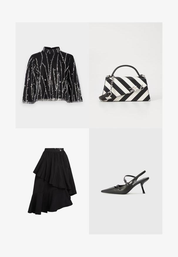 Juodas trumpas viršus su aukštu kaklu, papuoštas sidabriniais blizgučiais vertikaliomis linijomis, permatomomis rankovėmis ir tekstūruotu audiniu.; Juodas sluoksniuotas sijonas su asimetriškomis raukšlėmis, priglundančia juosmeniu ir užtrauktuku gale. Lygi, lengva audinio tekstūra.; Juodi odiniai slingback kulniukai su smailiu pirštu, siauru kulnu ir dekoratyvine sagtimi viršuje. Lygus paviršius ir elegantiškas dizainas.; Juoda ir balta dryžuota rankinė su struktūrizuota forma, turinti viršutinę rankeną, nuimamą grandinėlės dirželį ir metalinį logotipo akcentą.